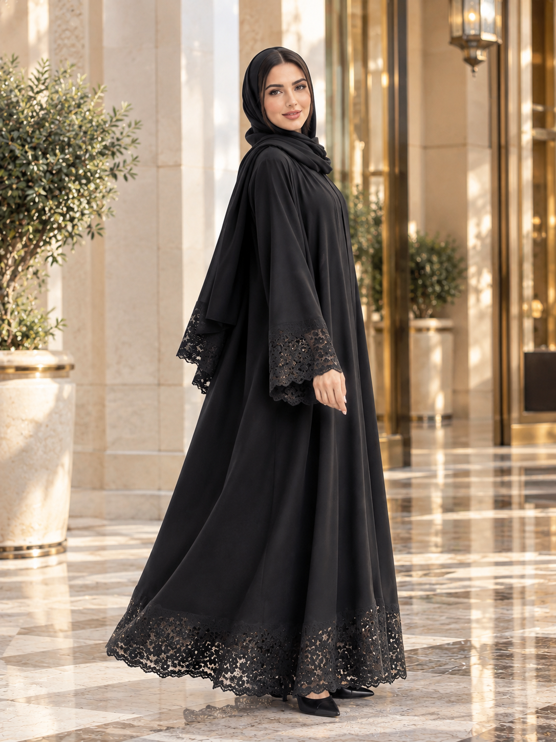 Classic Black Lace Trim & Cuff Abaya