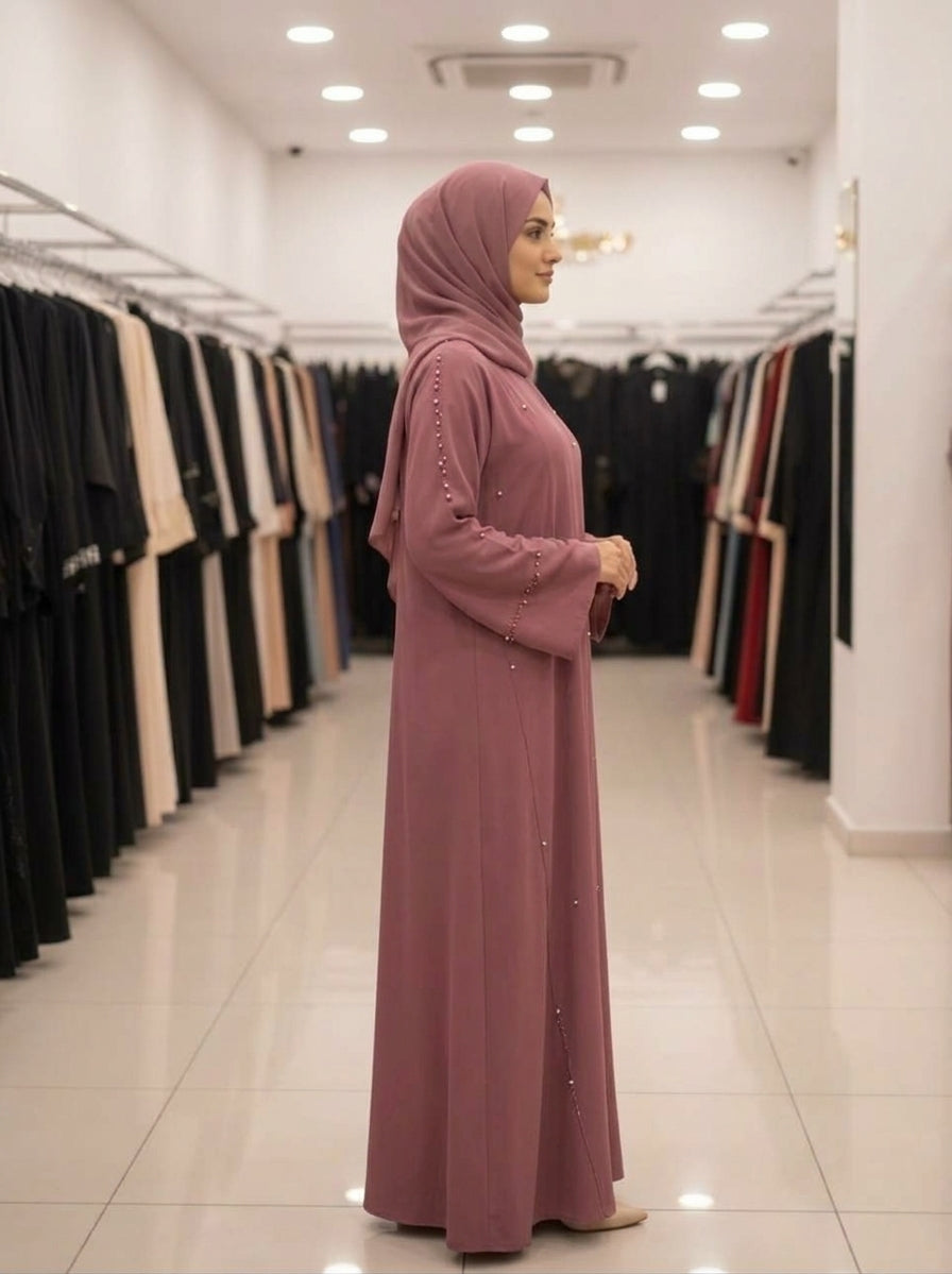 Dusty Rose Pearl-Embellished A-Line Abaya