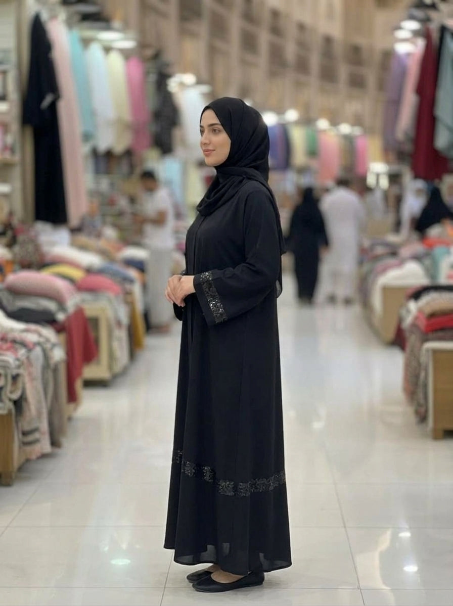 Classic Black Sequin Border Cuff Abaya