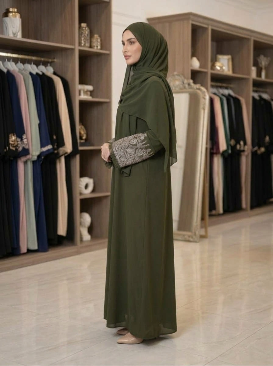 Olive Green Embroidered Cuff Front-Open Abaya Set
