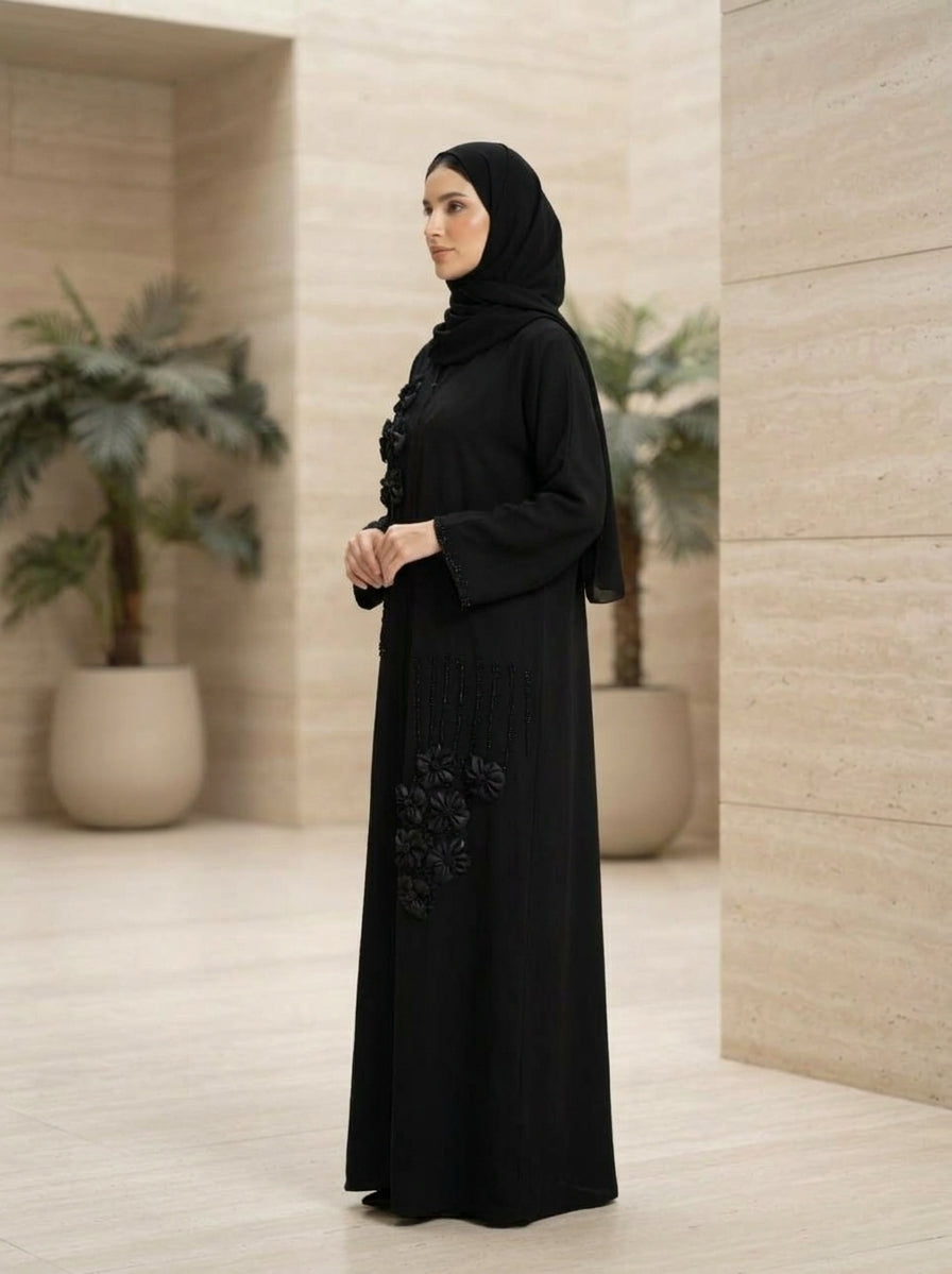 Midnight Black Floral 3D Embellished Open Abaya Set