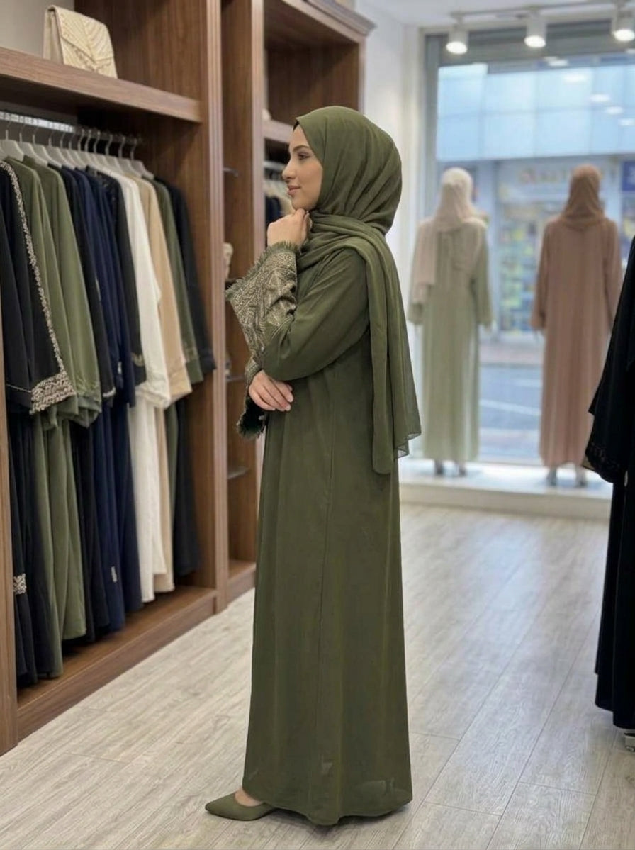 Olive Green Fringe Embroidered Cuff Abaya