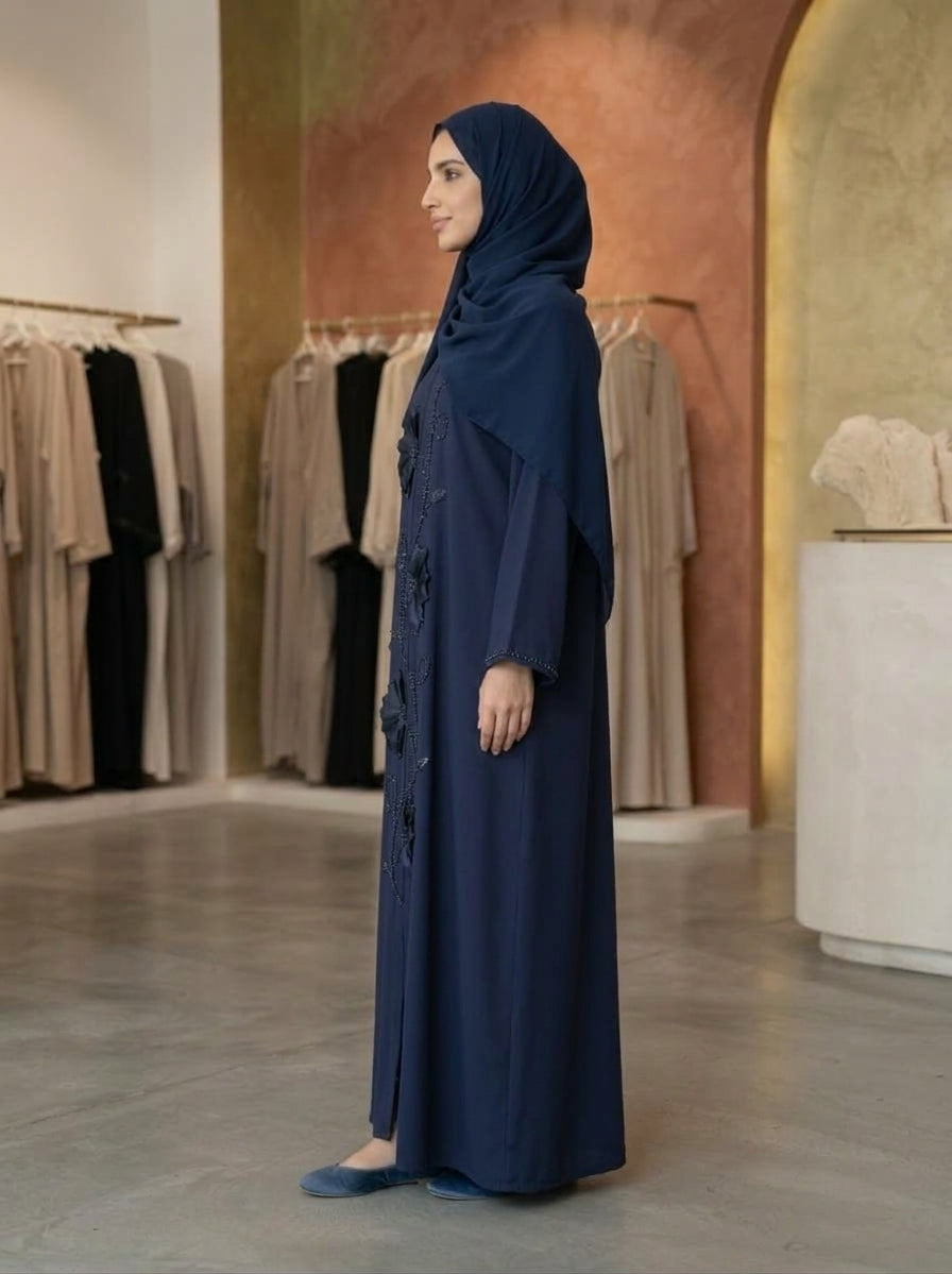 Navy Floral Handcrafted Nida Abaya Set