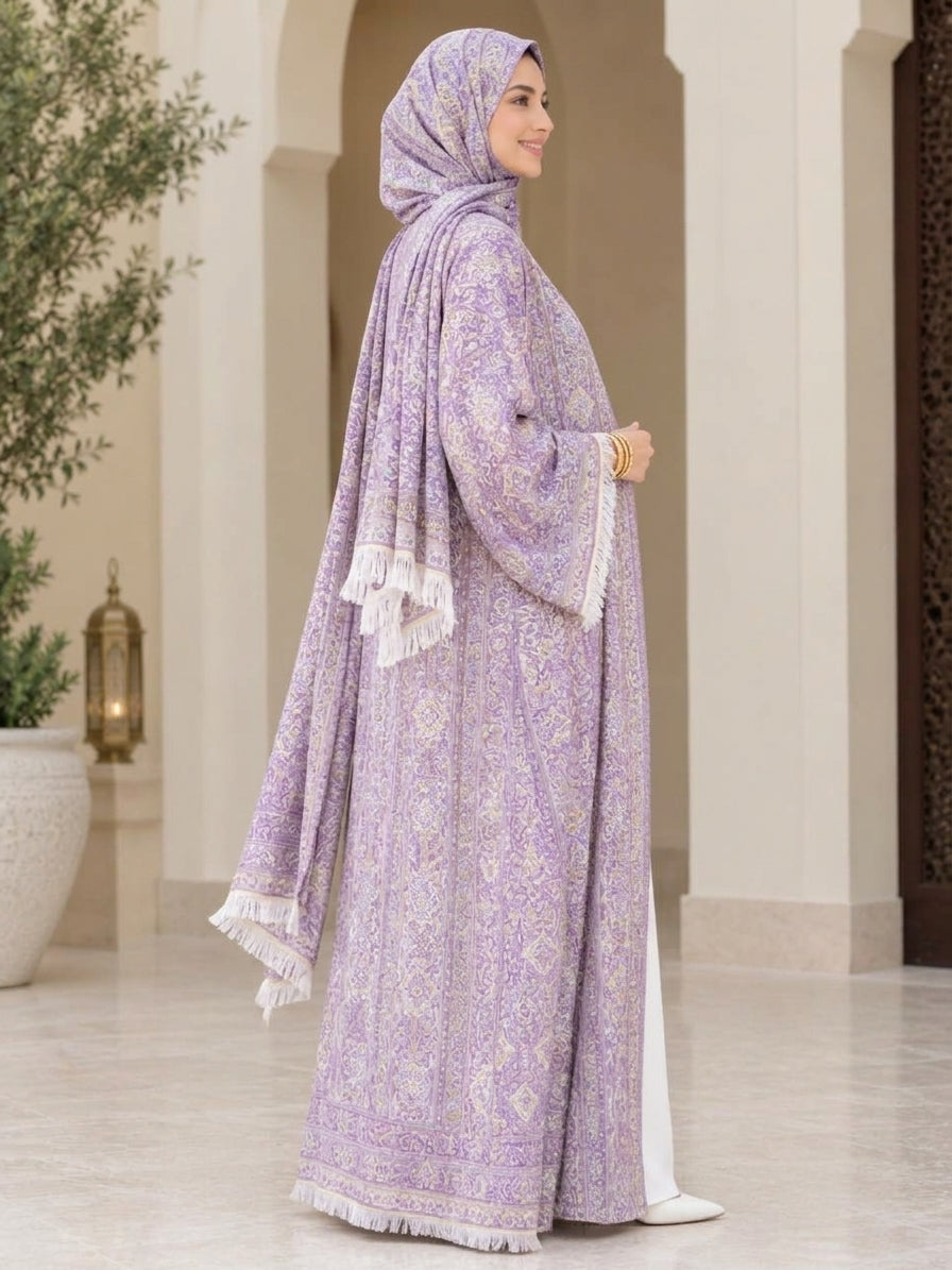 Regal Paisley Open Abaya with White Fringe