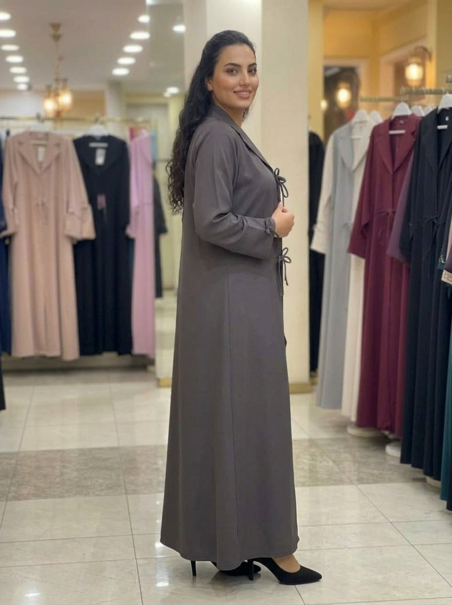 Mocha Grey Double Tie-Front Collar Abaya