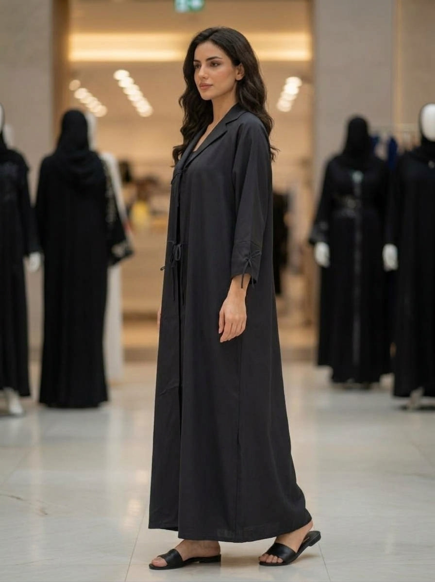 Charcoal Black Tailored Collar Open-Front Abaya