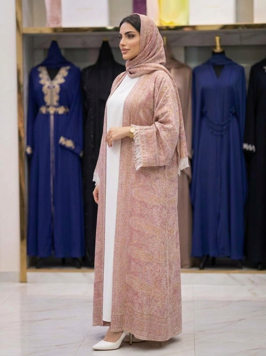 Luxury Terracotta Vintage Paisley Pashmina Open Abaya