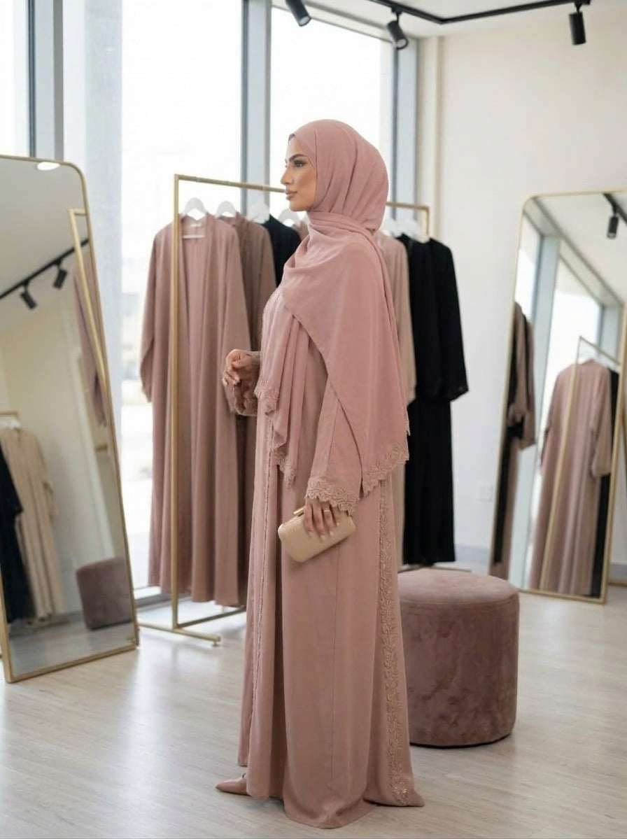 Dusty Rose Lace Trimmed Front-Open Abaya
