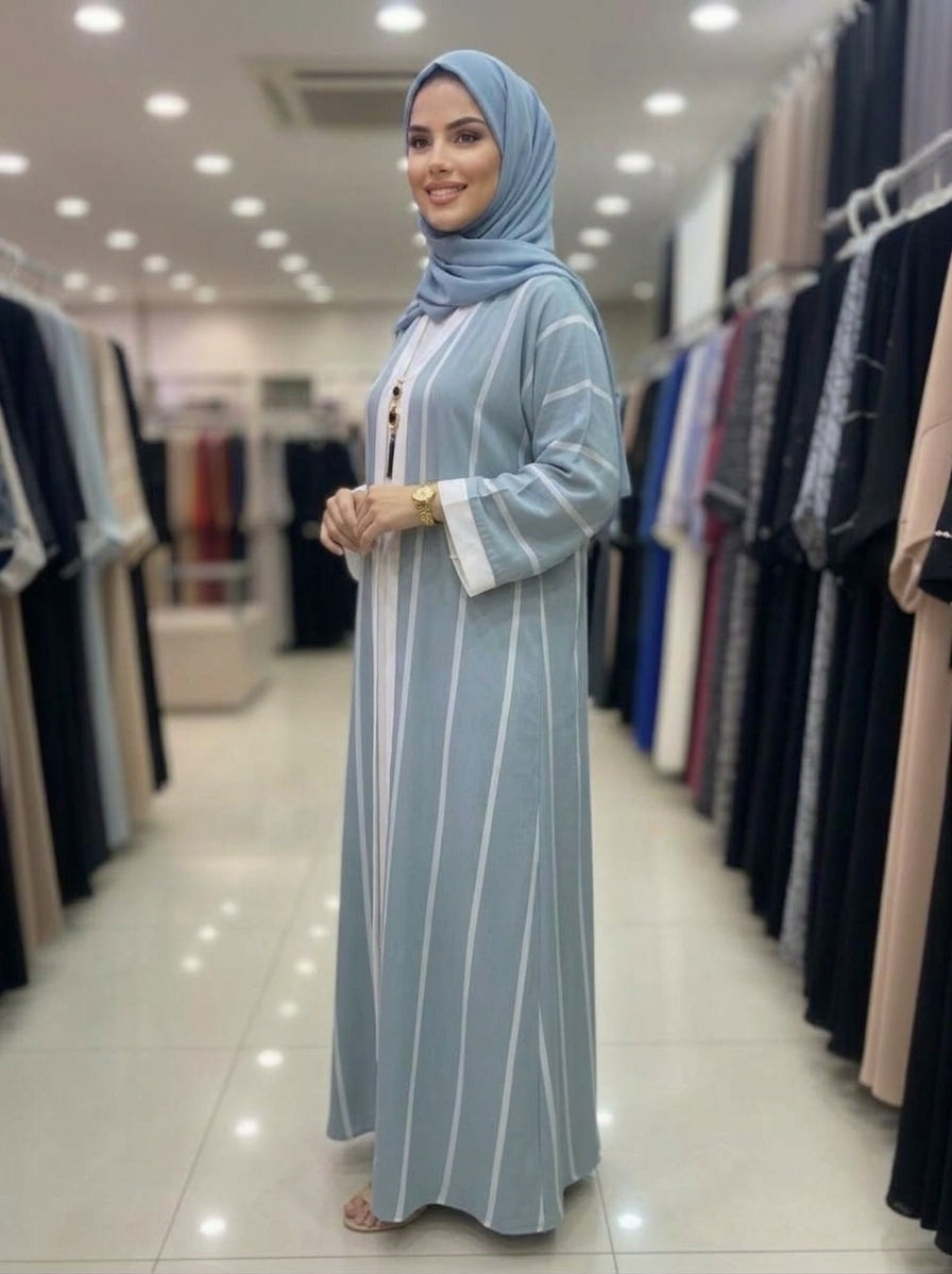 Dusty Blue Striped Tassel Accent Abaya