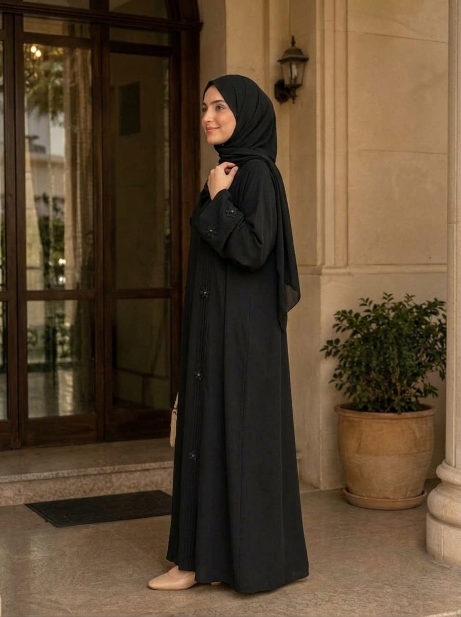 Classic Black Floral Motif Pintuck Abaya
