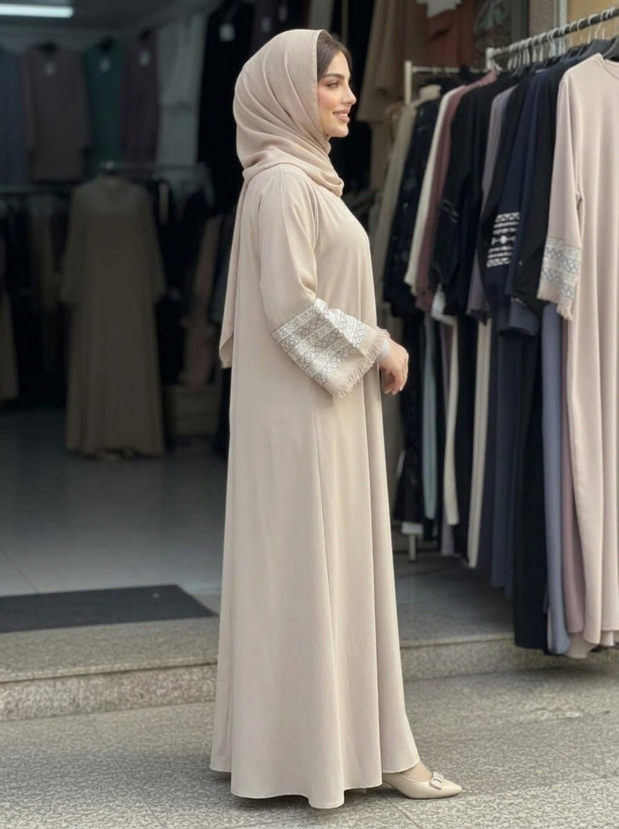 Beige Embroidered Cuff & Fringe Trim Abaya