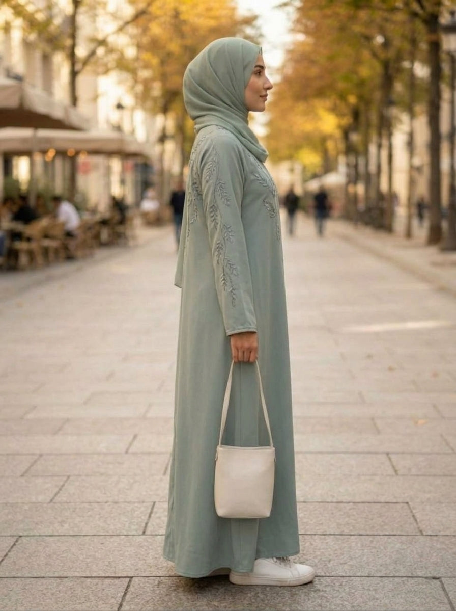 Sage Mint Leaf Embroidered Back Abaya