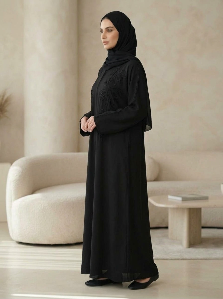 Black Beaded Leaf Embroidered Abaya