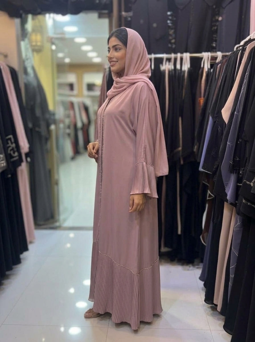Dusty Rose Pleated Trim Abaya