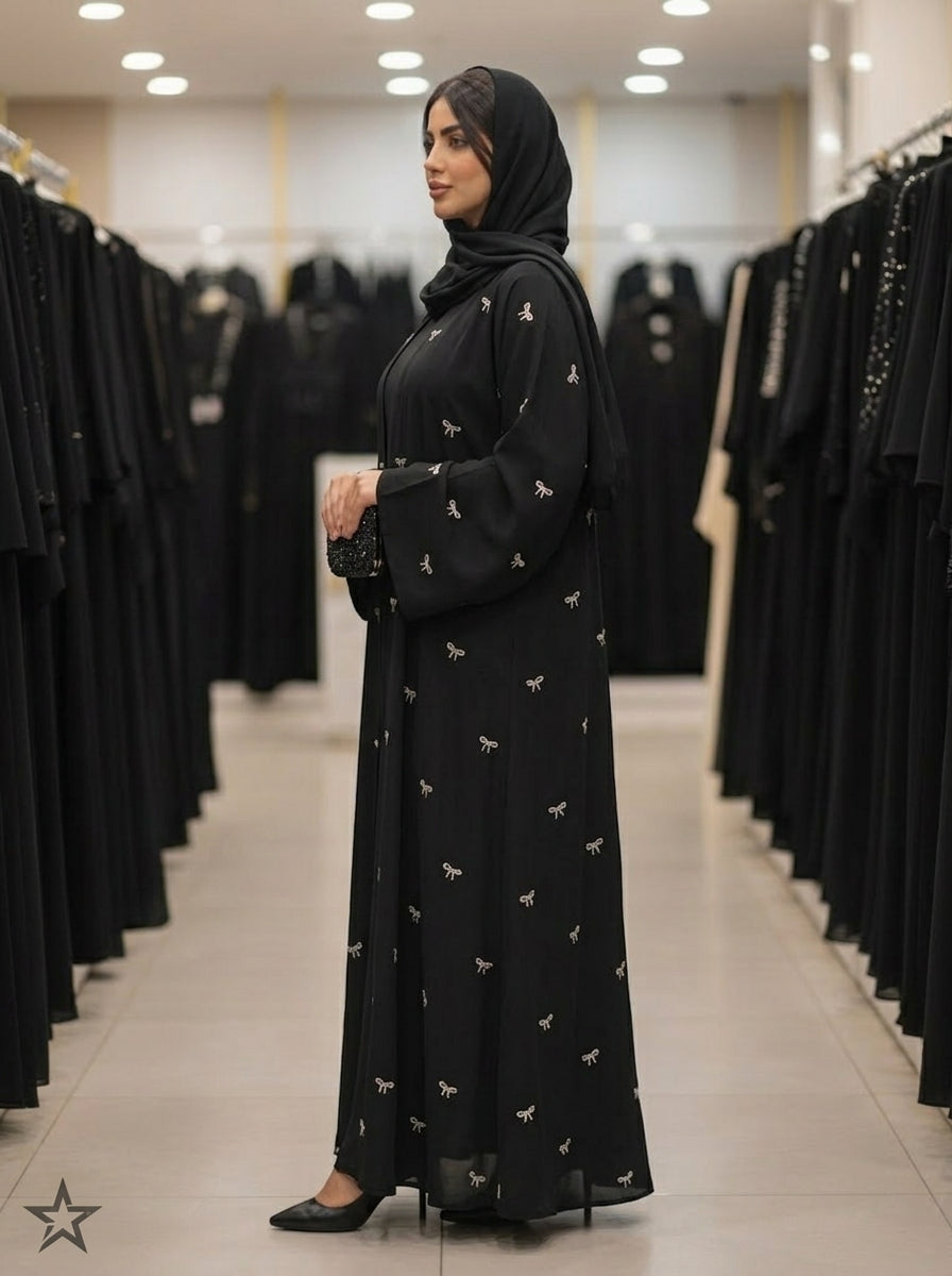 Bow Embroidered Black Abaya
