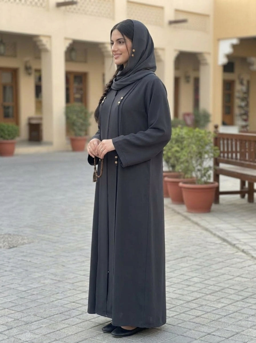 Charcoal Grey Wooden Button Accent Abaya