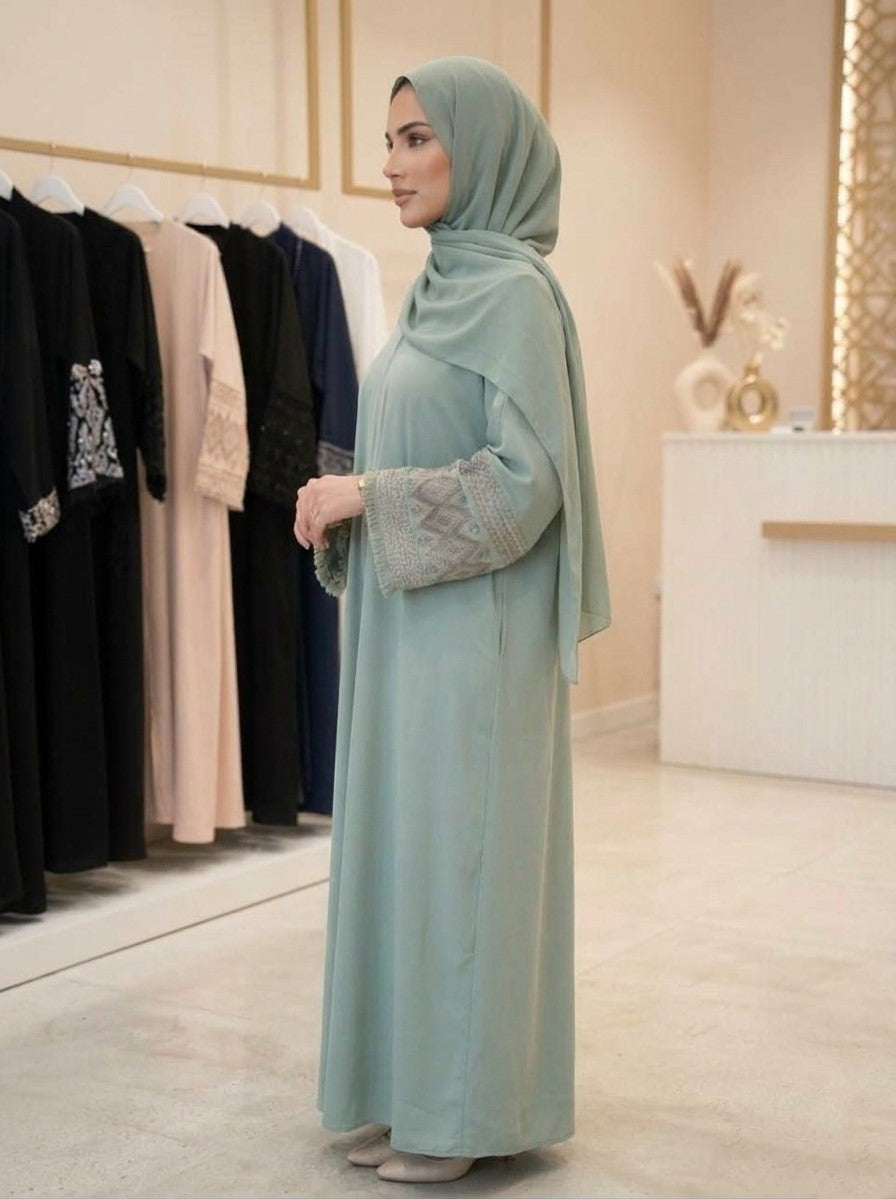 Sage Mint Green Embroidered Fringe Cuff Abaya