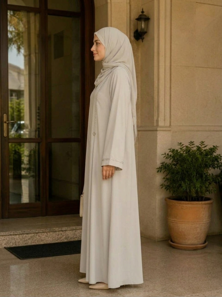 Light Beige Sequined Trim V-Neck Abaya