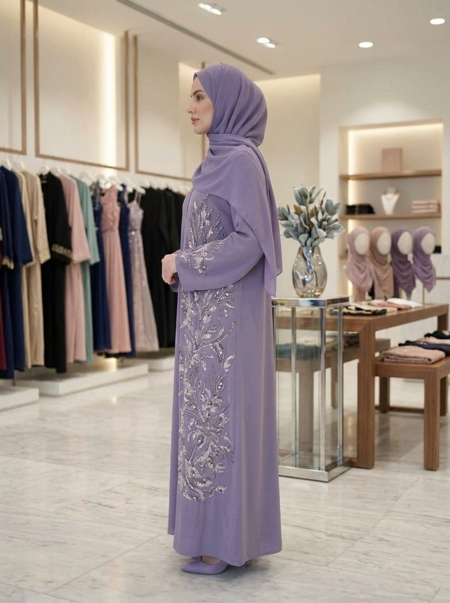 Lilac Lavender Sequined Floral Embroidery Abaya