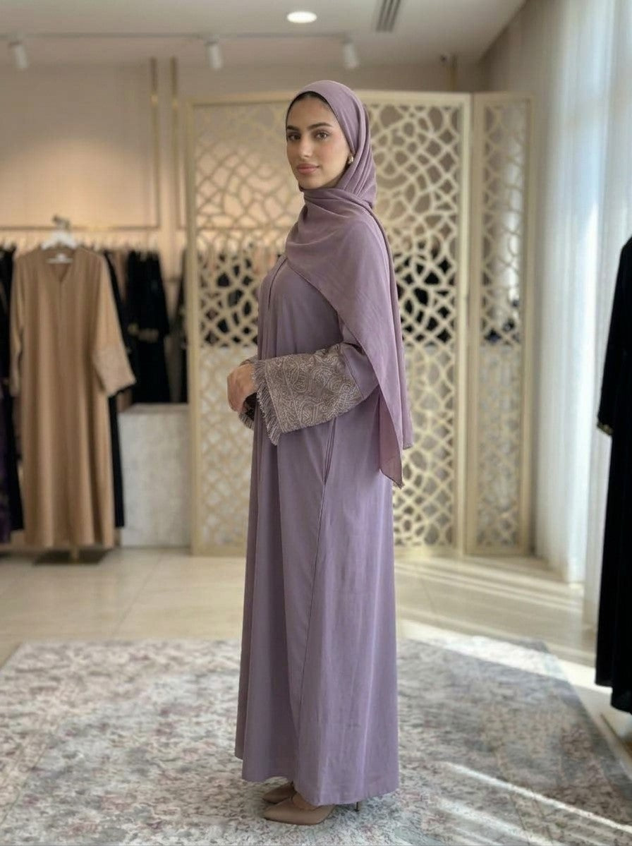 Mauve Purple Fringe Embroidered Cuff Abaya