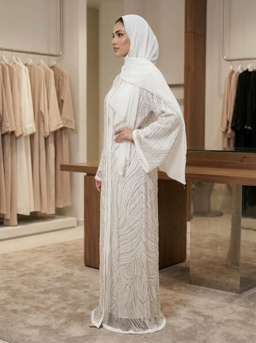 Pure White Sequined & Embroidered Luxury Abaya