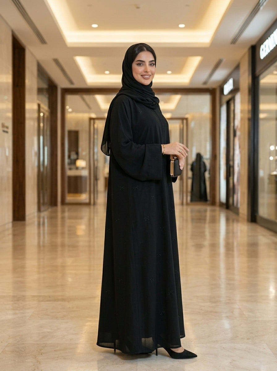 Classic Black Bow Embroidered Nida Abaya