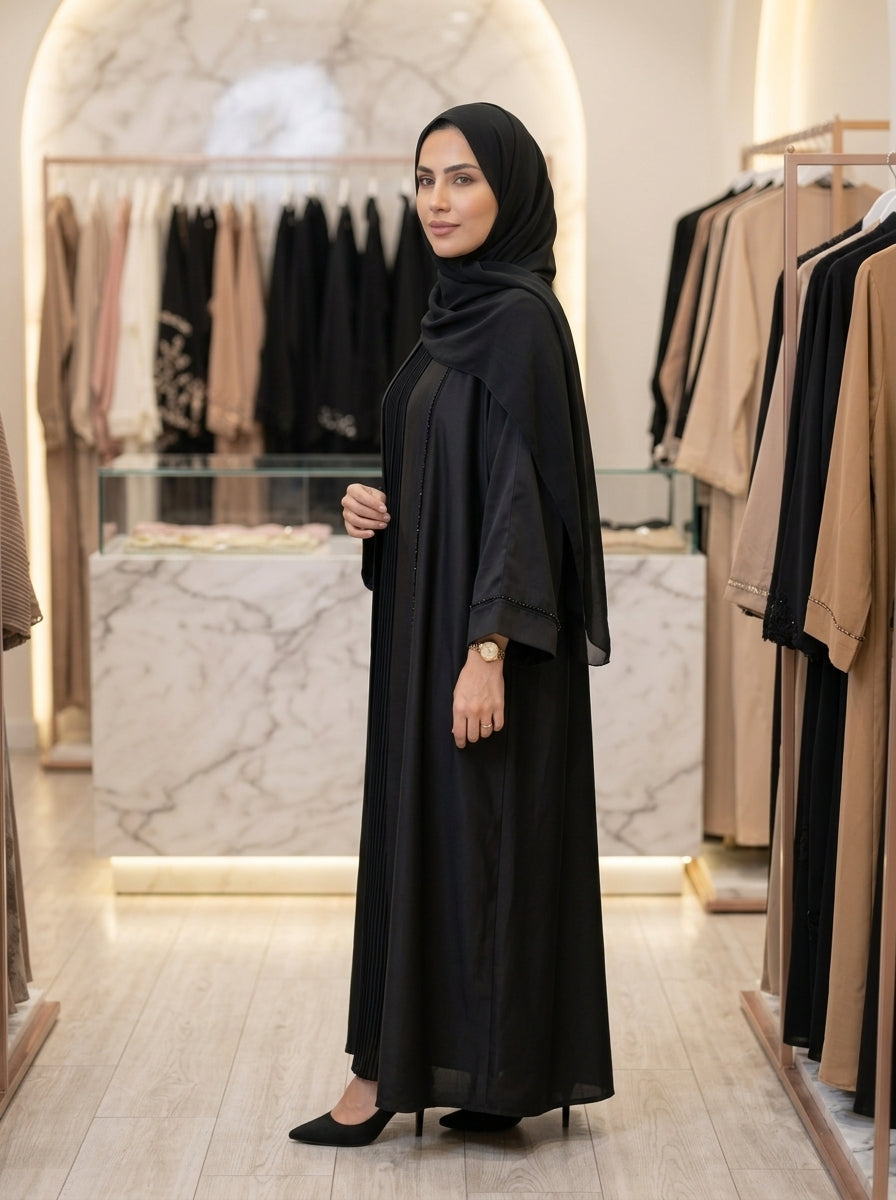 Classic Black Crystal-Trim Front-Open Abaya