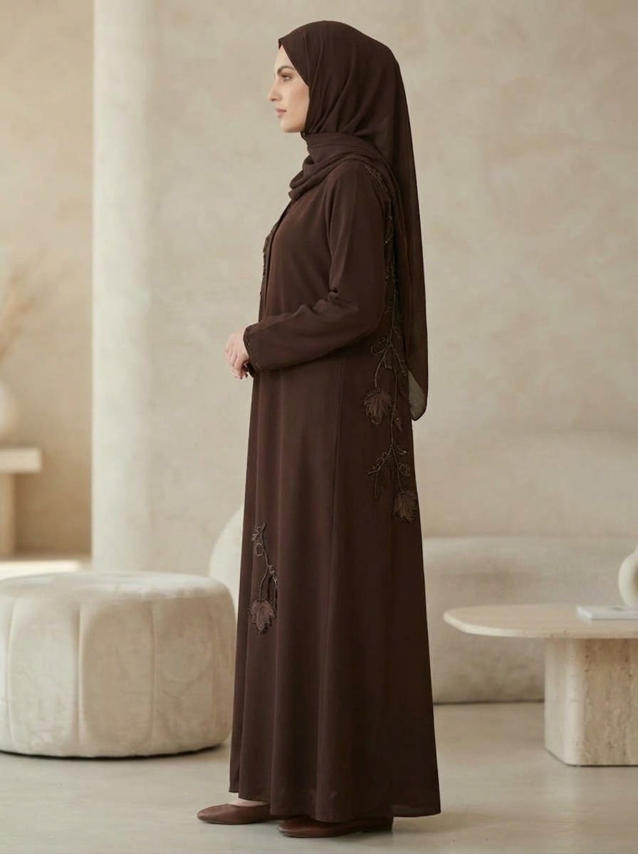 Chocolate Brown Floral Applique Abaya