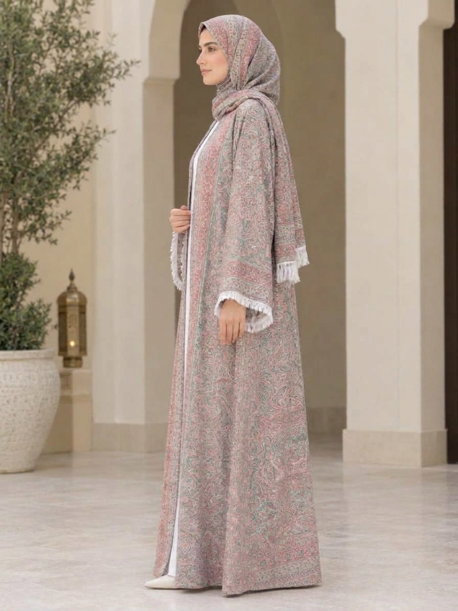 Luxury Sage & Dusty Coral Paisley Pashmina Open Abaya