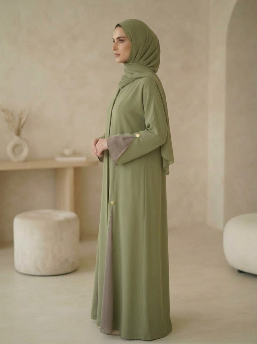 Sage Green Dual-Tone Pleated Abaya