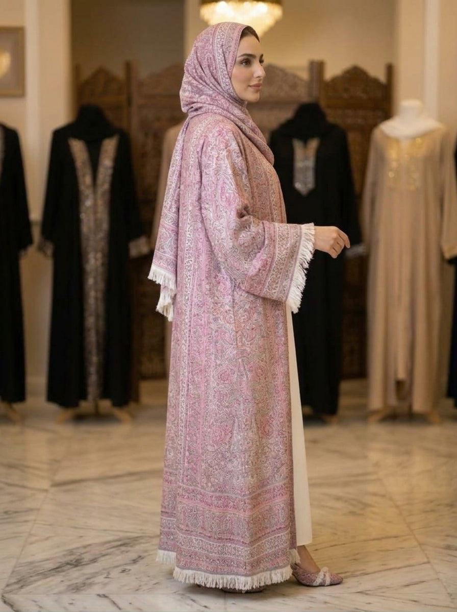 Luxury Blush Pink Paisley Print Pashmina Open Abaya