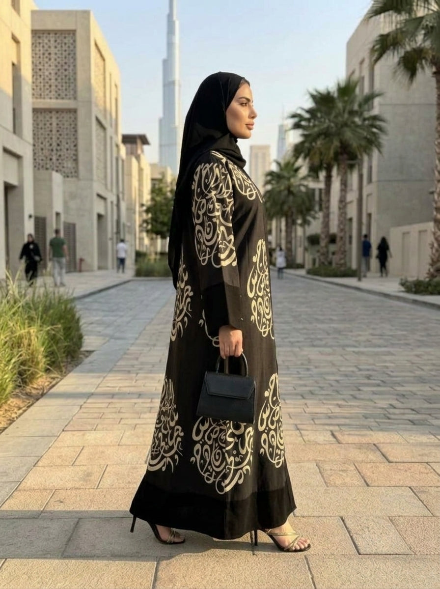 Black Calligraphy Gold Printed Abaya