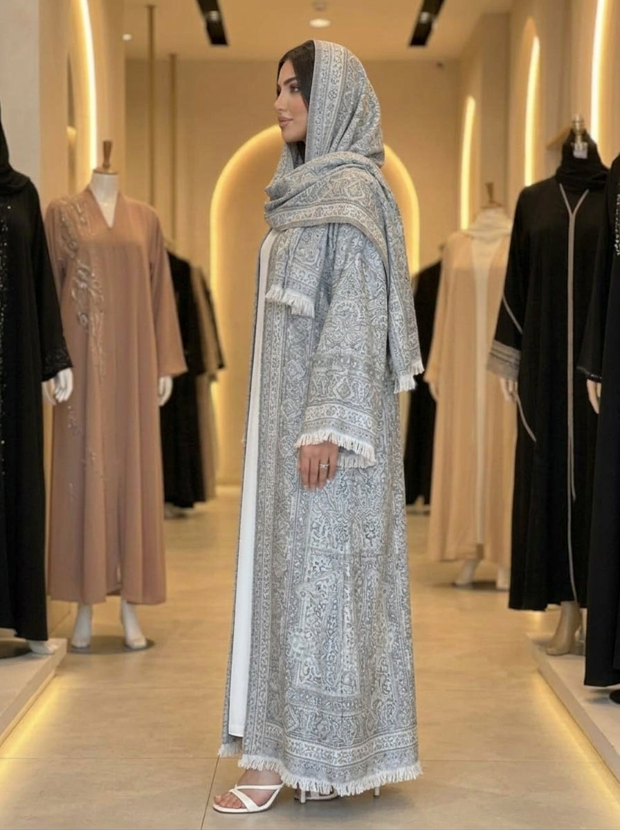 Luxury Silver Grey Vintage Paisley Pashmina Open Abaya