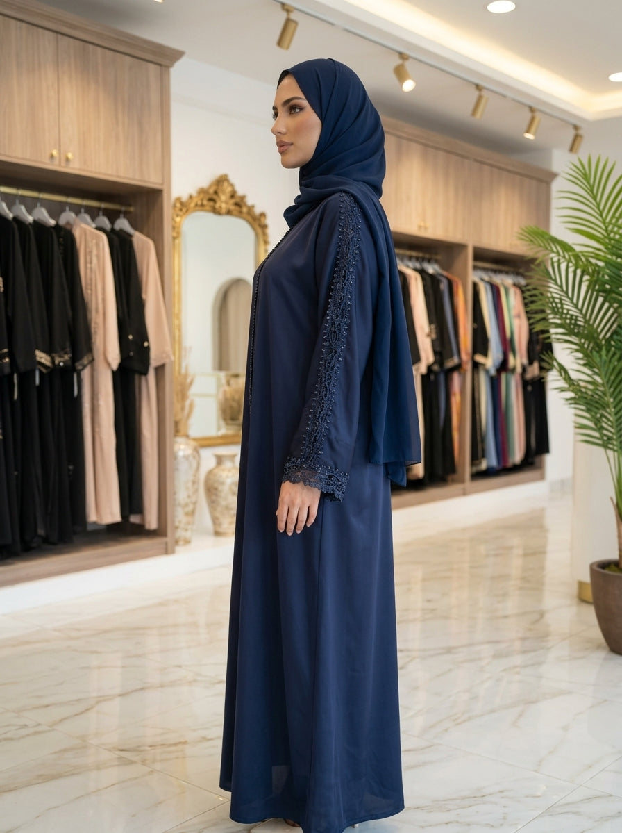 Royal Navy Blue Lace Embellished Abaya