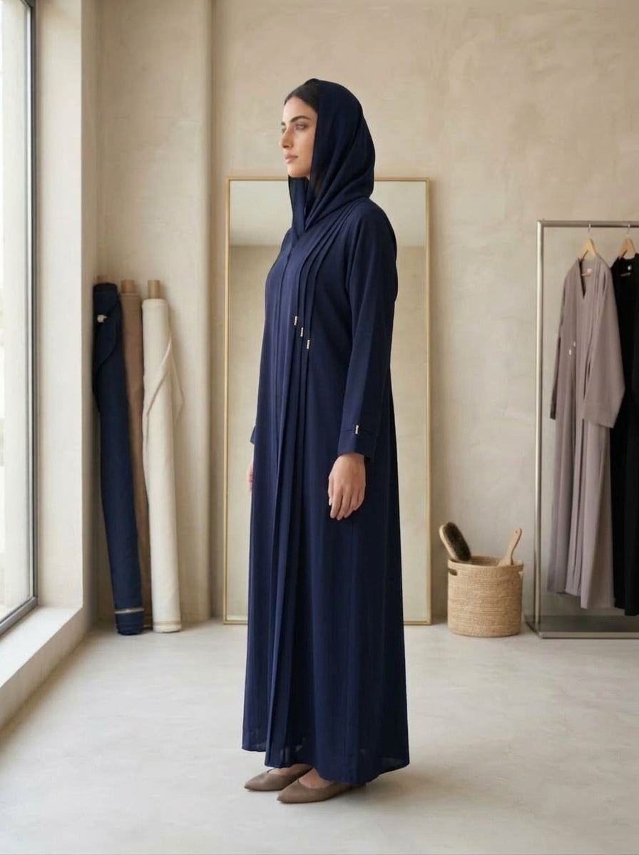 Royal Navy Blue Pleated Metal Accent Abaya