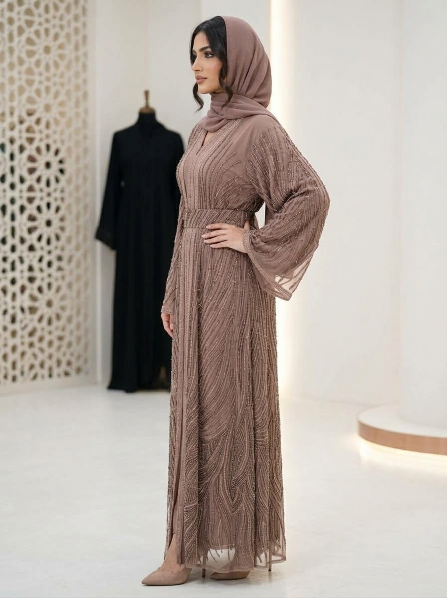Mocha Taupe Sequined & Embroidered Luxury Abaya