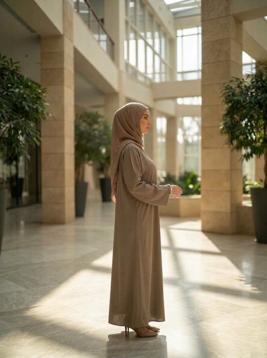 Elegant Mocha Taupe Crystal-Trimmed Abaya