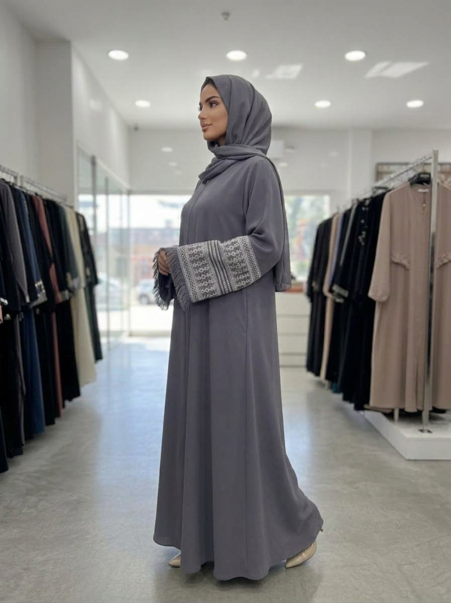 Charcoal Grey Embroidered Cuff & Fringed Sleeve Abaya