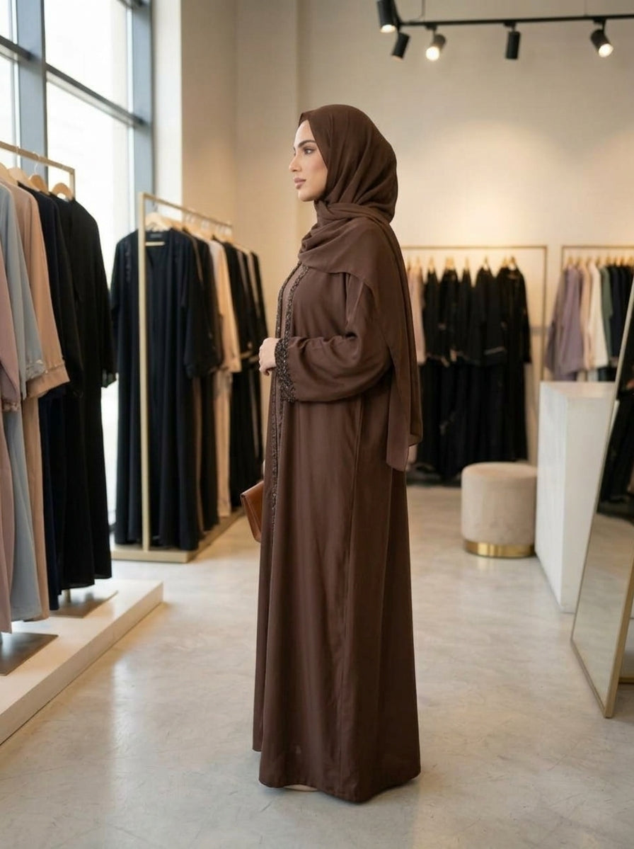 Chocolate Brown Beaded Front-Open Abaya